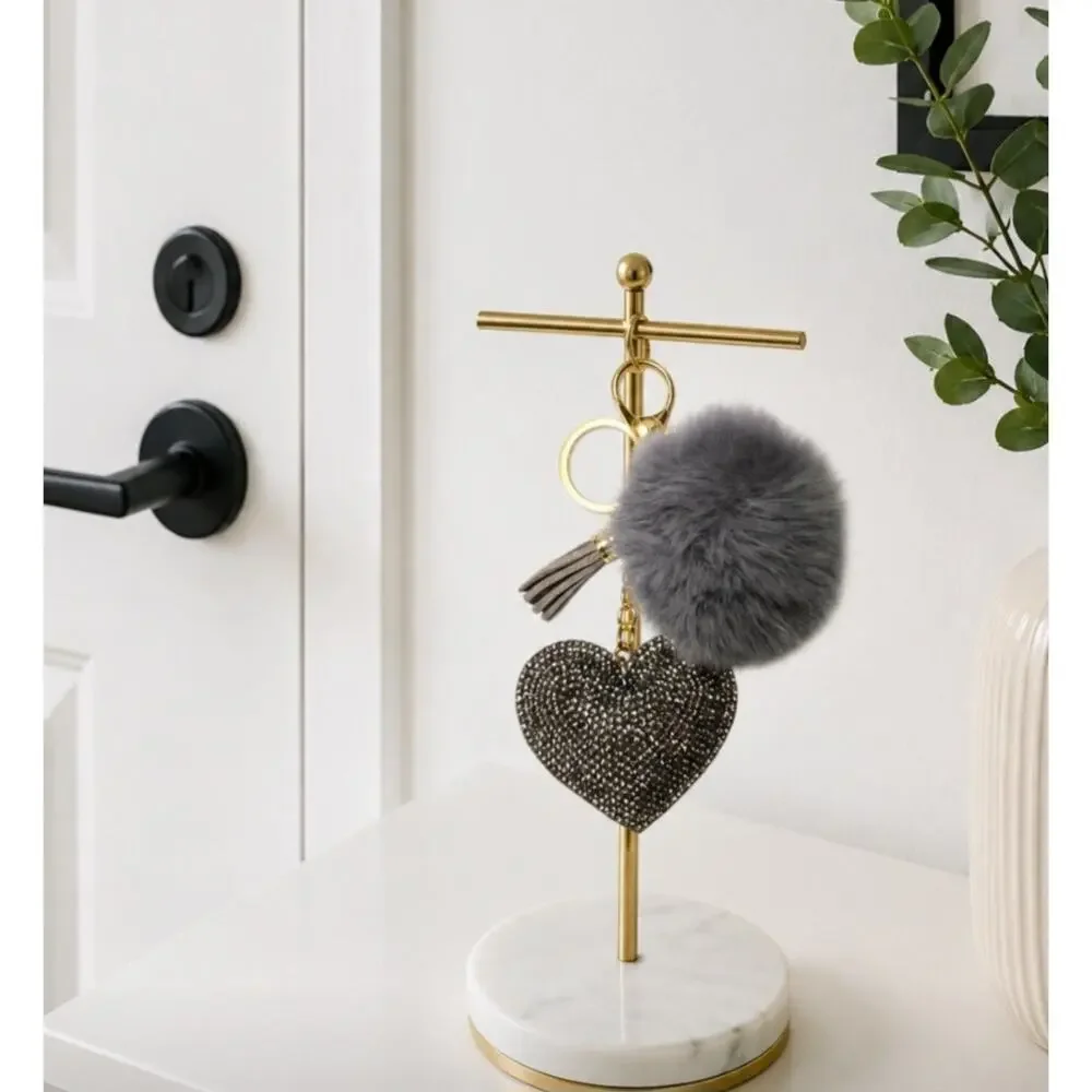 🌴 Pick 3 For $15 Gray Furry Pom Pom Rhinestone Heart Bag Charm New